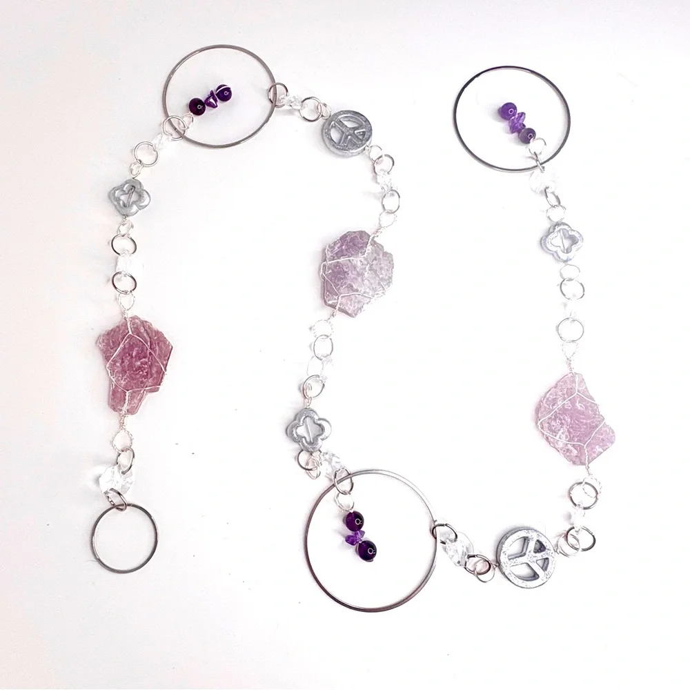 Handmade One of a Kind Gemstone Wall Hanging Lepidolite & Amethyst